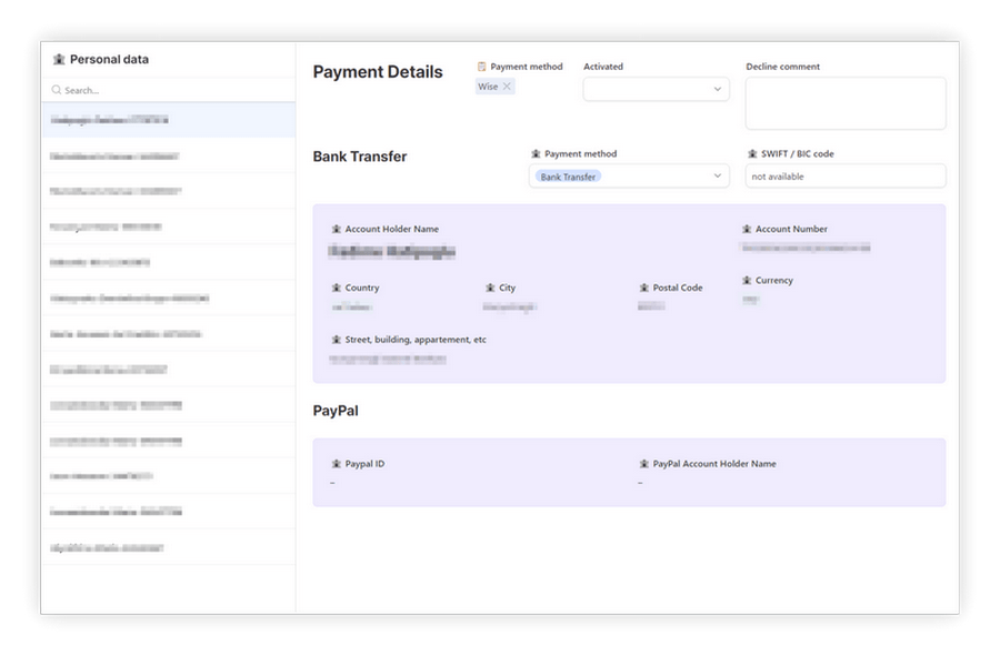 Скриншот интерфейса бухгалтерской программы для согласования платежных данных сотрудника по средствам автоматизации