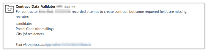 Скриншот сообщения чат-бота для автоматизации формирования контрактов. Интеграция Slack и Zapier.