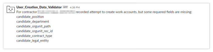 Скриншот с примером сообщения от чат-бота в Slack при валидации создания профиля сотрудника.